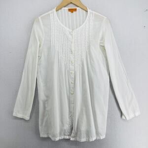 ROBERTA FREYMANN Tunic S Embroidered Pintuck Blouse Button Up Long Sleeve White